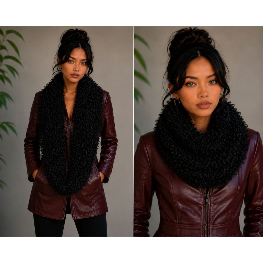 Faux Sheep fur Infinity Scarf Black Curly Shearling Texture Marcus Adler NWT